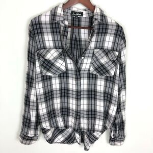 Sam Edelman Black White Plaid Button Front Shirt Women's Size Small Tab Sleeves